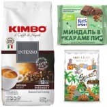 Кофе зерновой, шоколад и печенье 